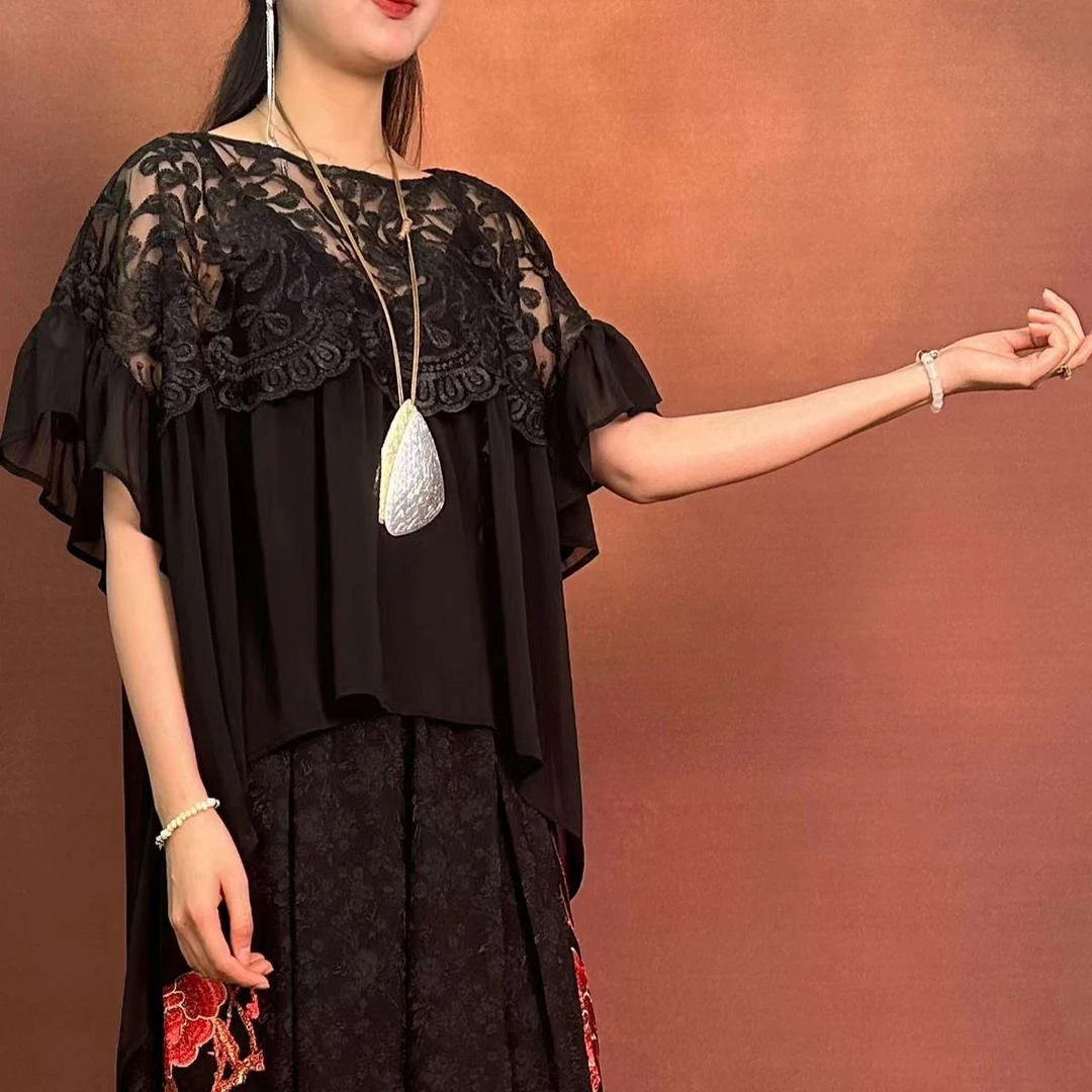 【大海轻奢】S24110新款黑色镂空花设计师款时尚上衣