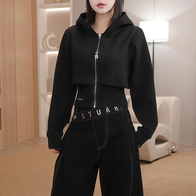 酷飒风女装高级感时尚个性百搭小众假两件拉链连帽长袖卫衣女秋季