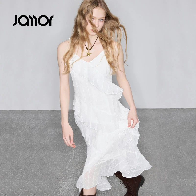 【开心专属】Jamor加墨白色连衣裙吊带荷叶边长裙2026春DJL579409