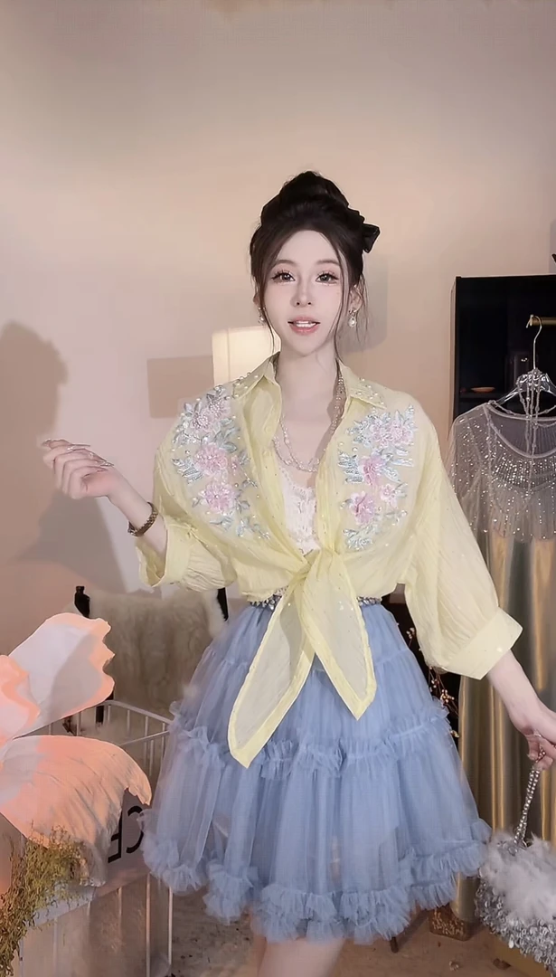 [崔]S0218重工亮片刺绣立体花朵雪纺衬衫女夏季薄款上衣