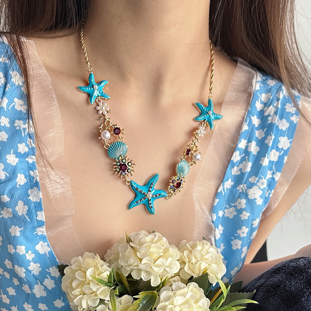 合金项链 X5256-1时尚可爱设计感精致百搭个性高级感蓝色海星项链