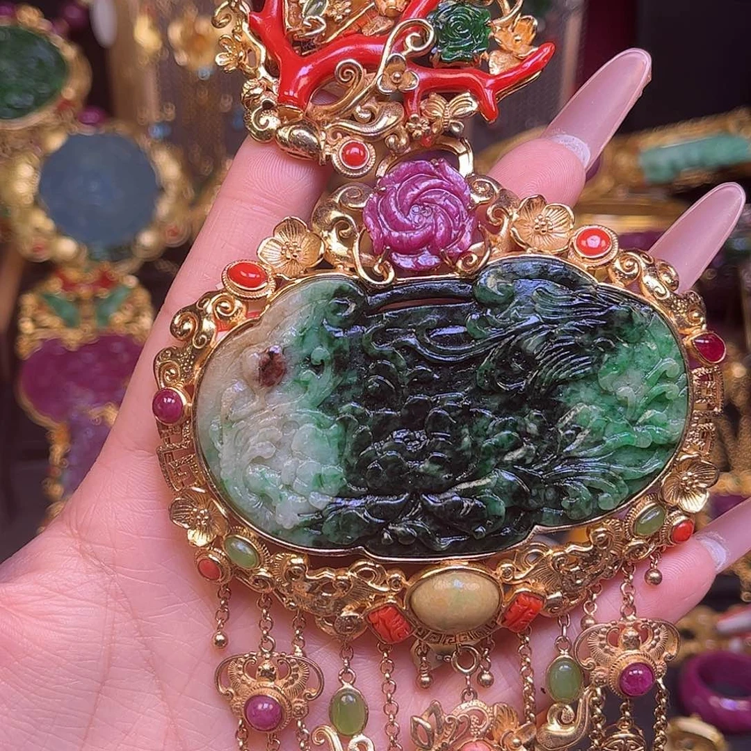 翡翠银S925镀金镶嵌颈饰