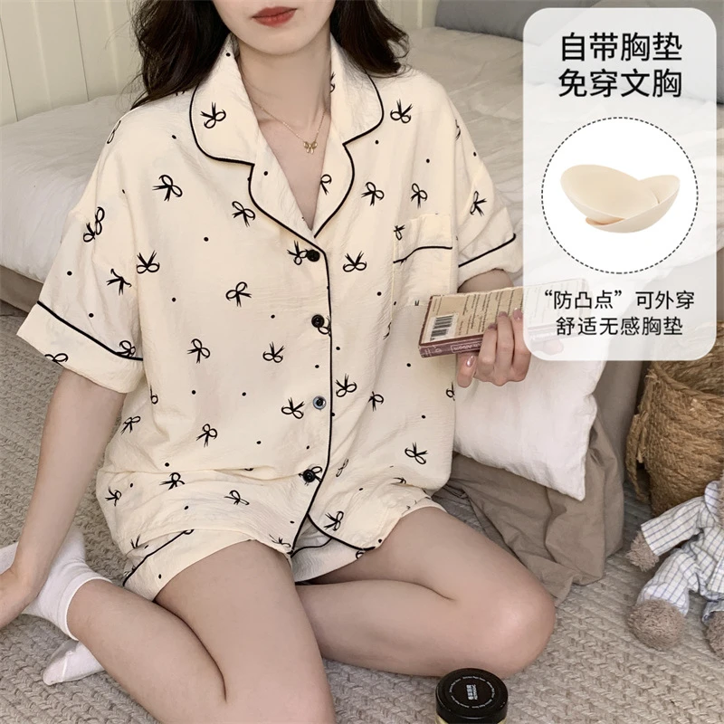 2025新款夏季蝴蝶结半袖短裤睡衣女款薄款带胸垫可外家居家服套装