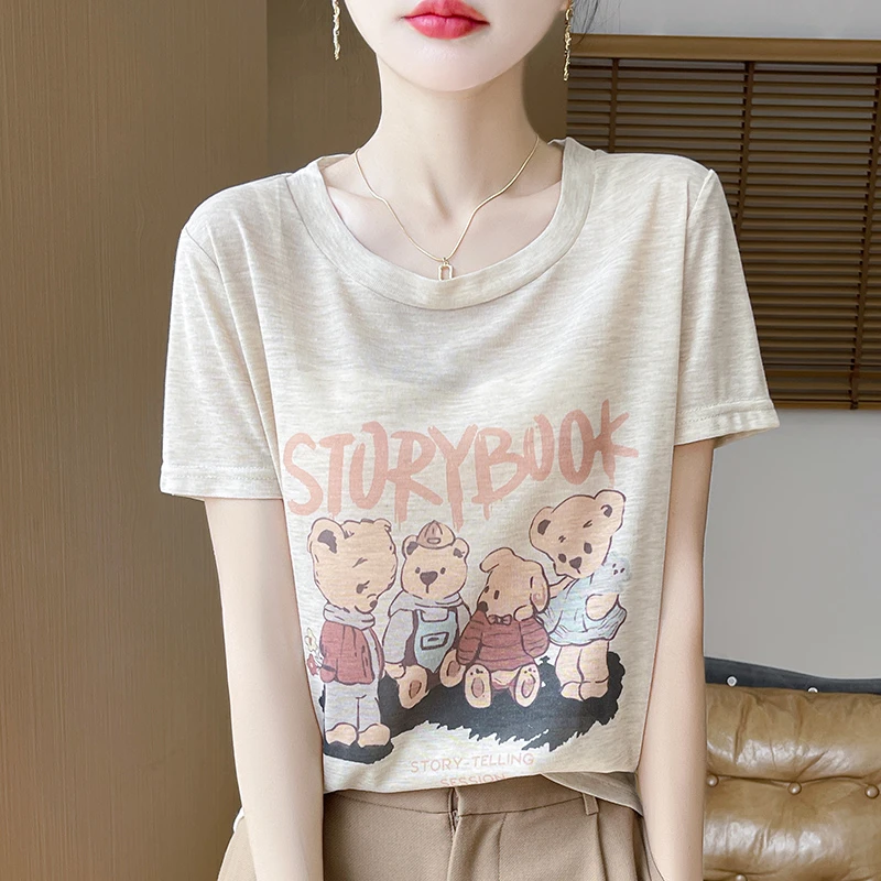 时尚品牌女装夏季新款印花小熊卡通圆领时尚显瘦针织短袖T恤女