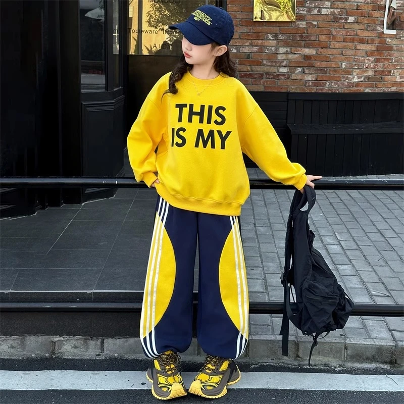 女童春装套装2025新款6-12岁15岁中大童洋气卫衣相拼拉条两件套