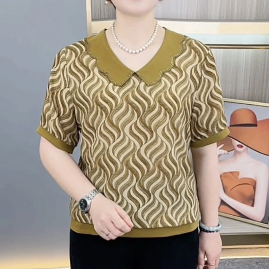 夏季新款时尚娃娃领烫钻印花气质妈妈装宽松休闲百搭短袖上衣H879