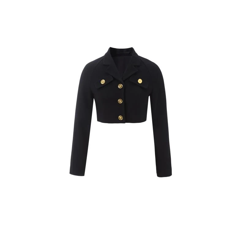 高级感黑色翻领复古贵气排扣短款露腰气质修身上衣女士0081