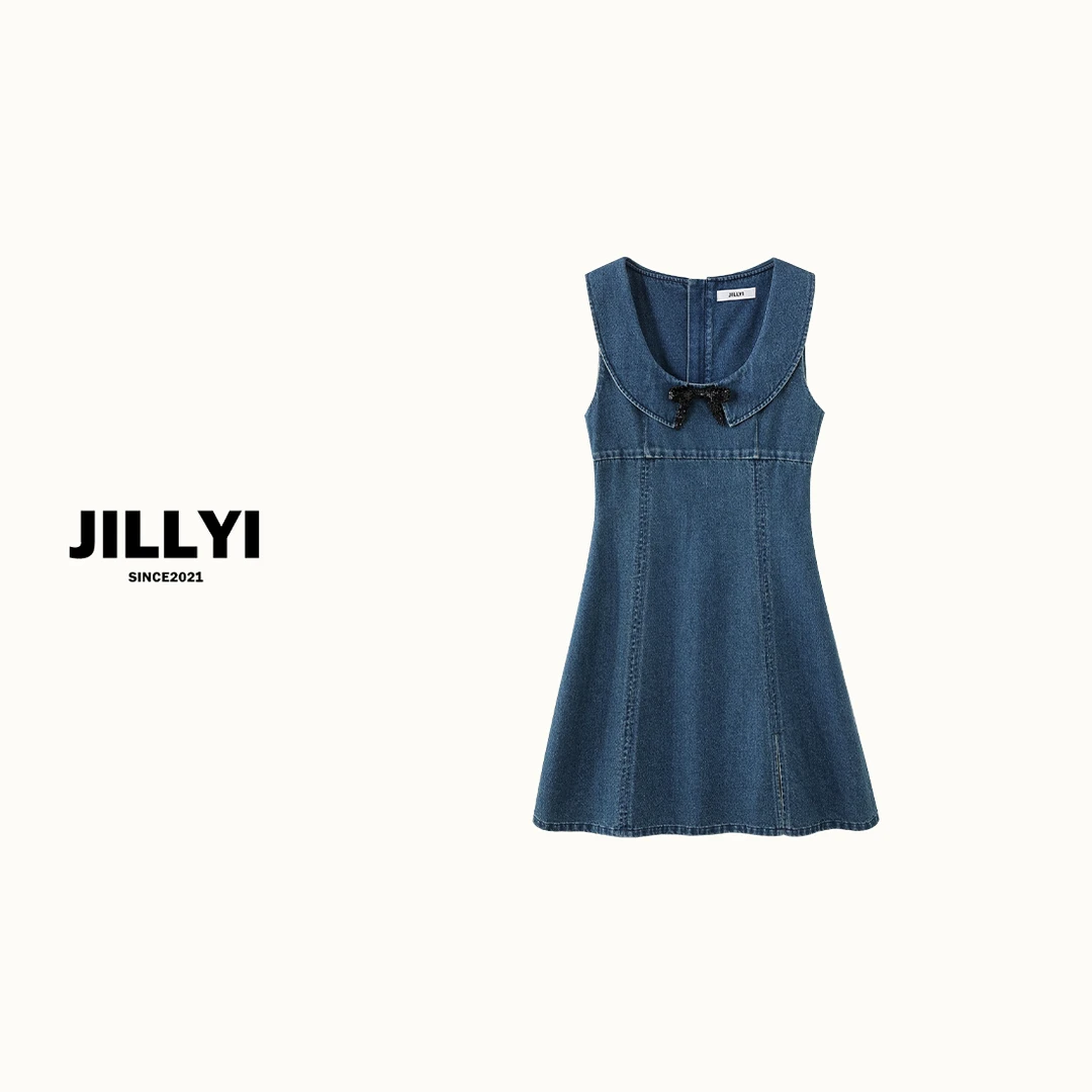JILLYI珠海店【碧波海盐】夏季时尚气质修身U领蝴蝶结无袖牛仔连衣