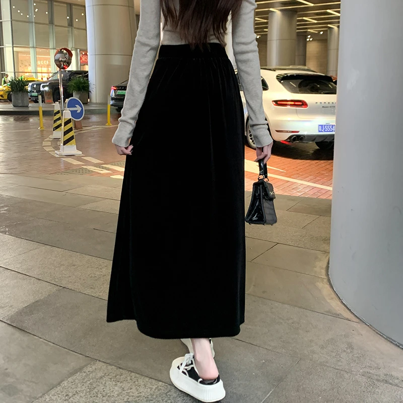 金丝绒半身裙女春秋2025年新款时尚高腰垂感A字裙复古显瘦长裙