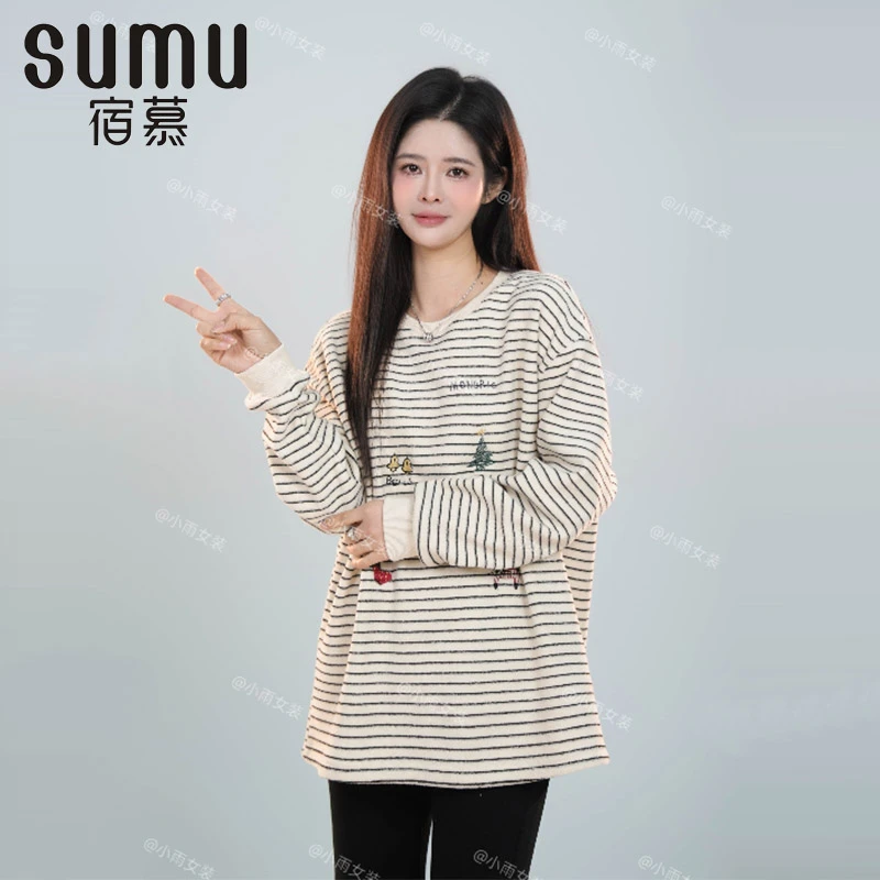 宿慕SUMU女款重工刺绣条纹加绒卫衣12-19冬季2024新款卫衣B19066