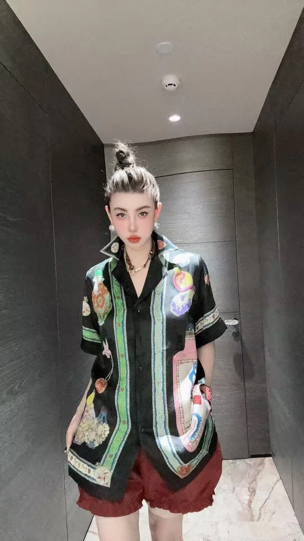 【HAV】  新款时髦度假风翻领拼色印花短袖衬衫上衣