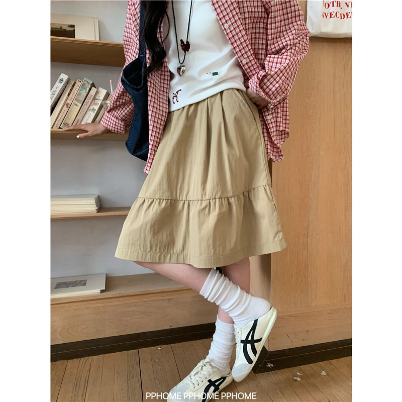 慵懒风休闲松紧腰2025半身裙春季女装百搭高腰显瘦蓬蓬a字中裙子