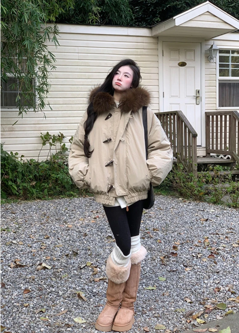 美式复古大毛领棉服女2025年冬季新款加厚休闲保暖牛角扣连帽外套