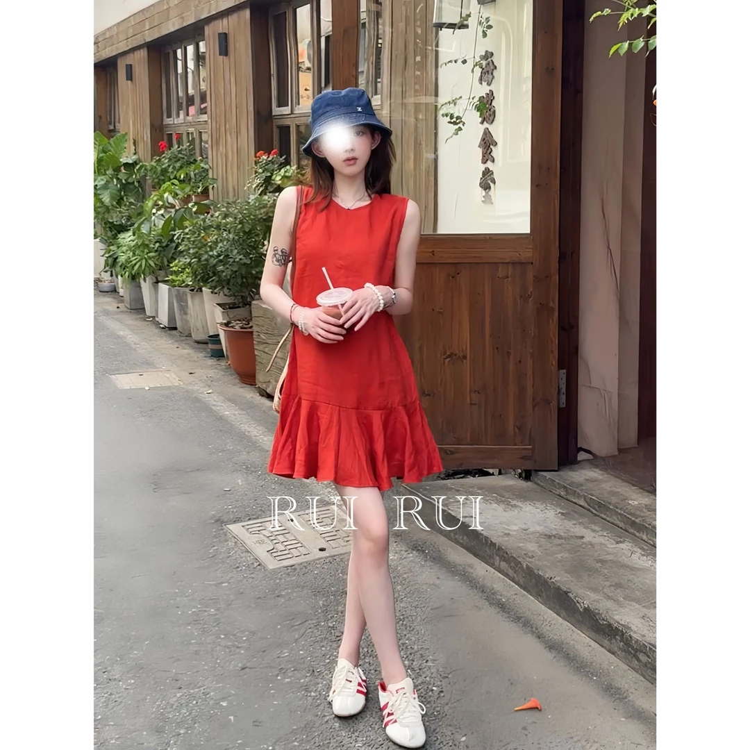 RUIRUI瑞 法式夏季拉链无袖圆领显瘦长款连衣裙套头LYQ1014R
