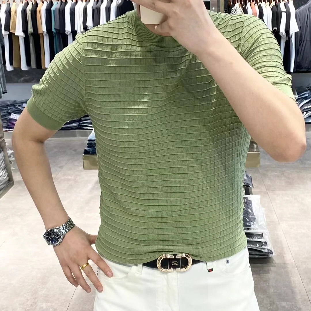 男士夏季圆领针织冰丝短袖商务休闲百搭轻奢高级感条纹韩版T恤衫