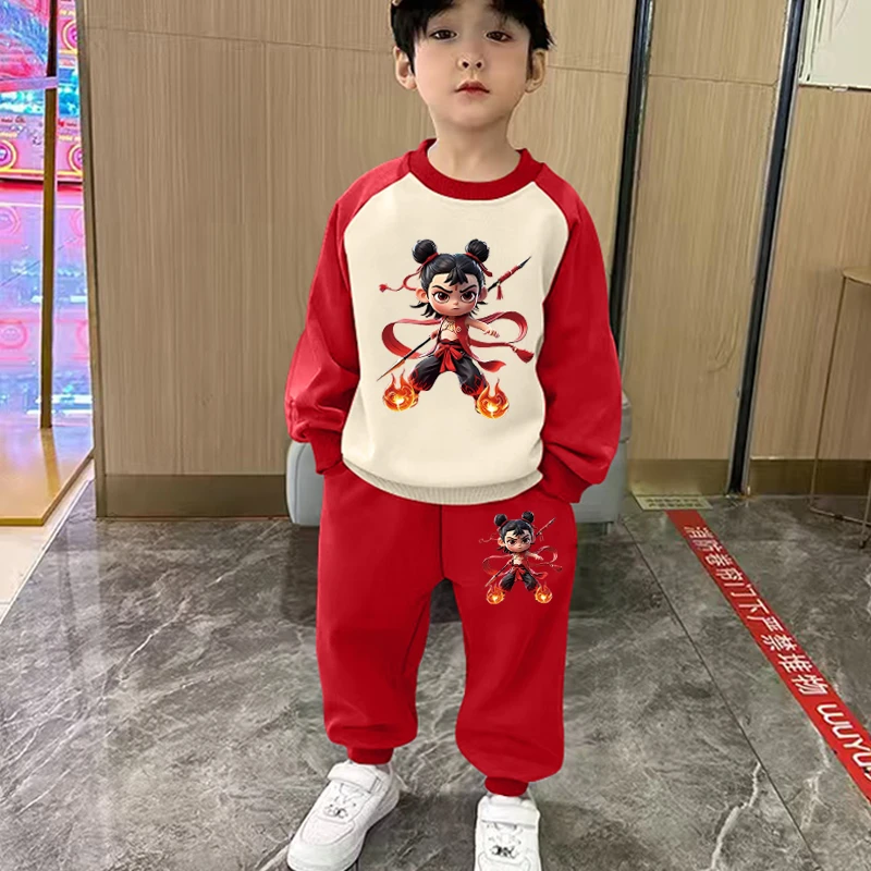 哪吒衣服儿童套装春秋季男童魔童闹海卡通卫衣两件套新款女童套装