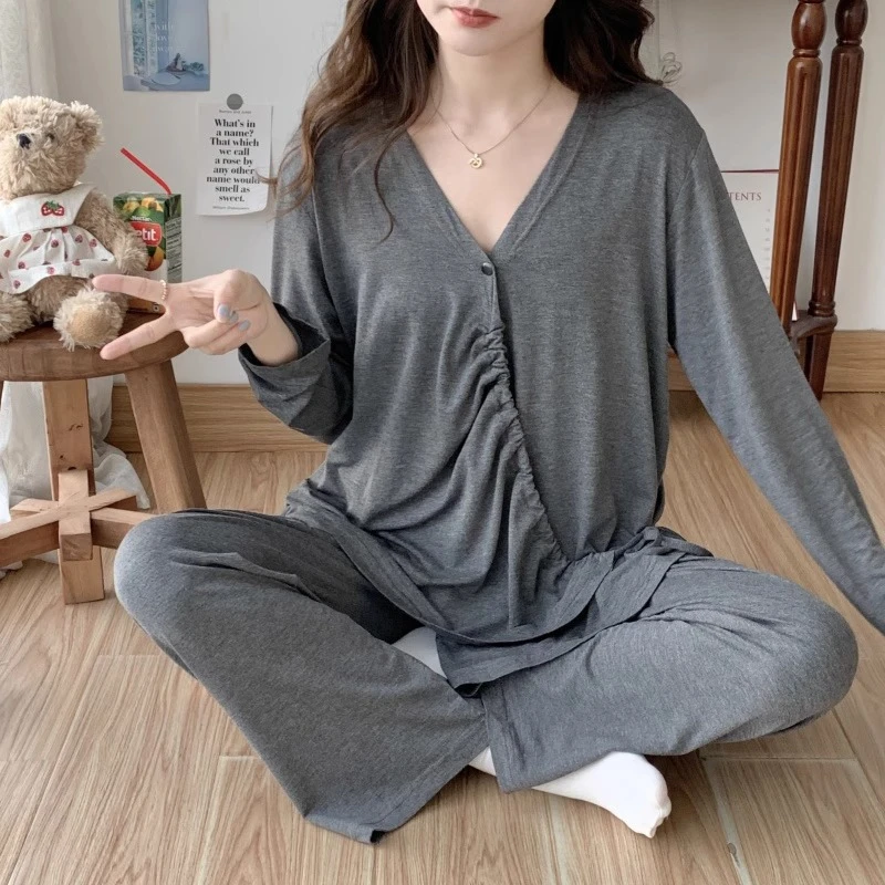 莫代尔月子服夏季薄款产后哺乳大码长袖孕妇睡衣产妇哺乳喂奶待产