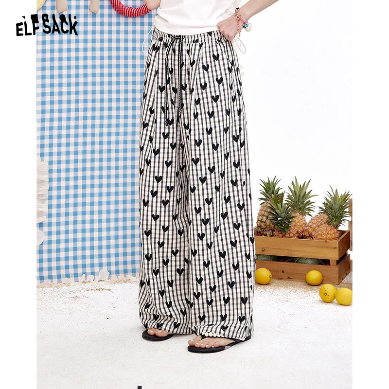 妖精的口袋爱心黑白格子休闲裤2025夏季新款直筒宽松懒人穿搭