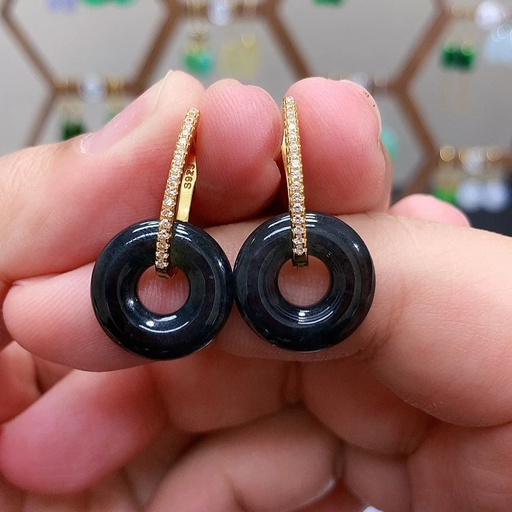 银S925镶嵌翡翠耳饰天然翡翠耳饰