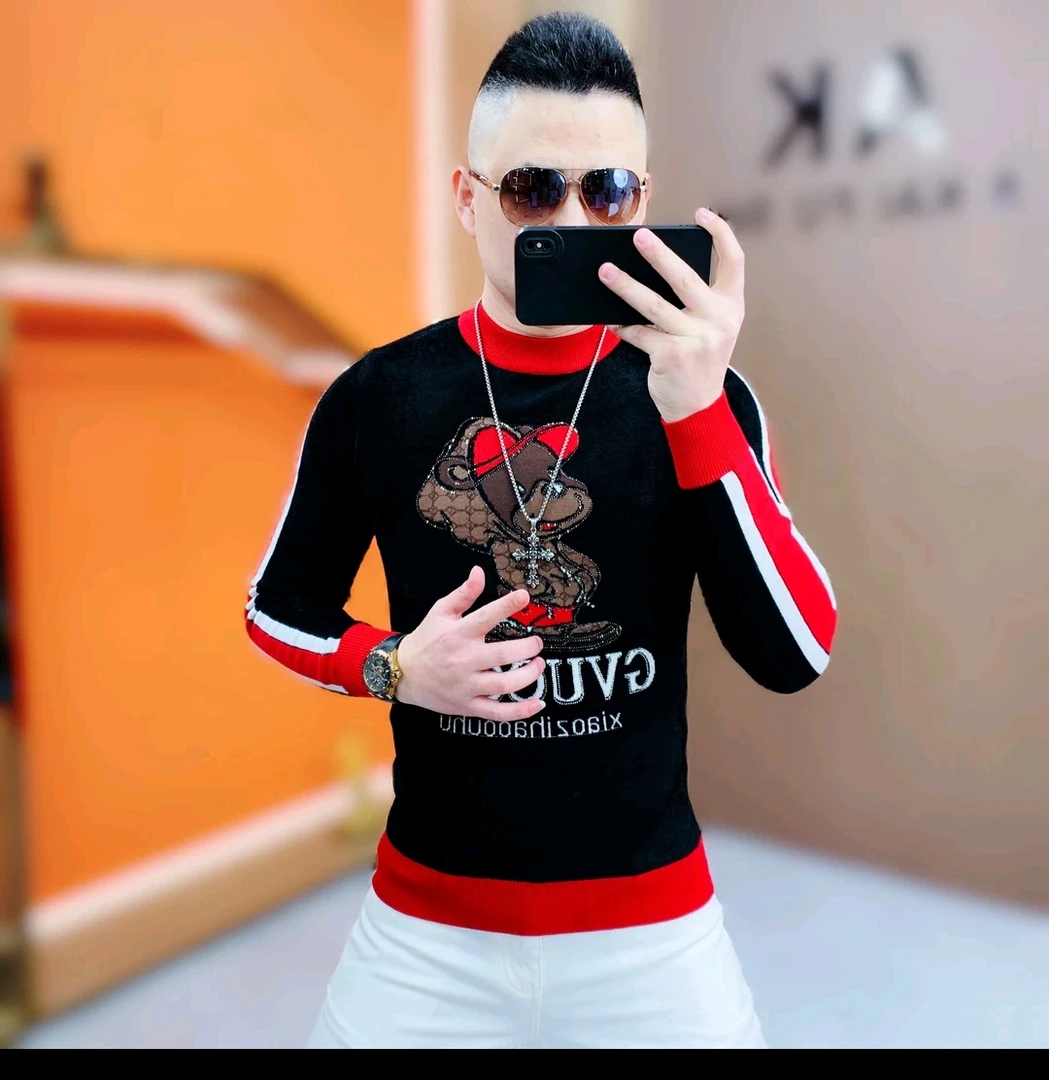 秋冬新款男士时尚潮流提花圆领加厚保暖针织帅气修身天鹅绒毛衣