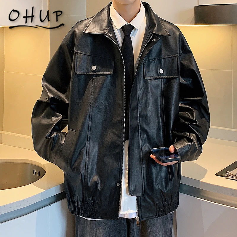 OHUP秋季新款复古痞帅PU机车男短款高级感飞行员潮流皮衣夹克外套