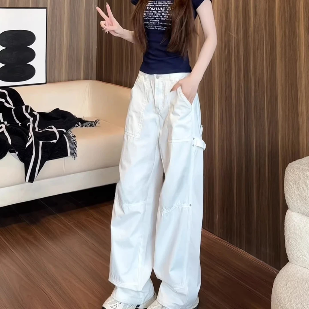 美式复古白色辣妹工装裤女夏薄款2026新款高腰宽松显瘦休闲阔腿裤