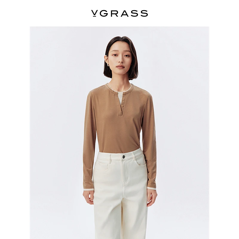 VGRASS撞色假两件修身T恤25年春季新款混仿针织布上衣VST3Q1555D