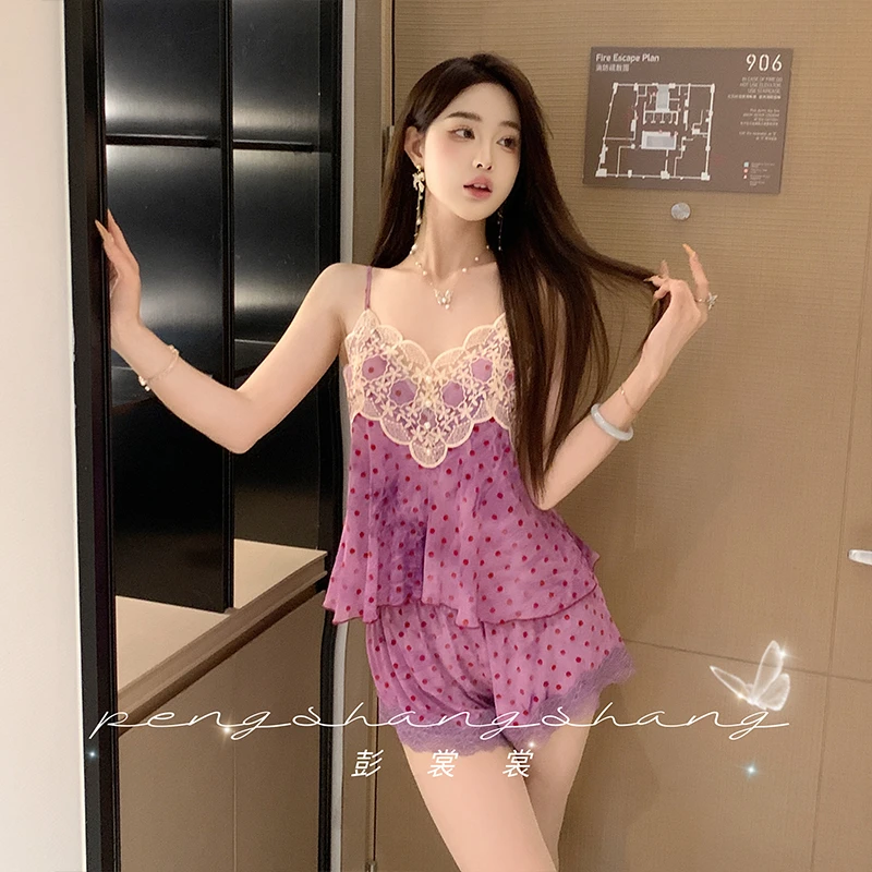 彭裳裳【紫藤花海】蕾丝吊带夏季时尚居家性感薄款纯欲女士法式睡衣