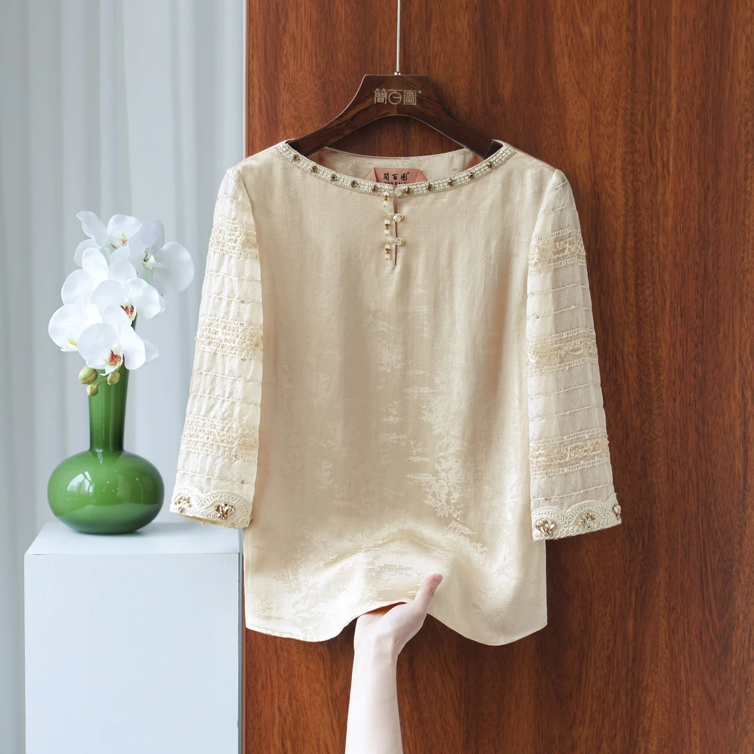 2025提花新中式套头夏季新品显瘦船领衬衫5分袖国风女装复古上衣