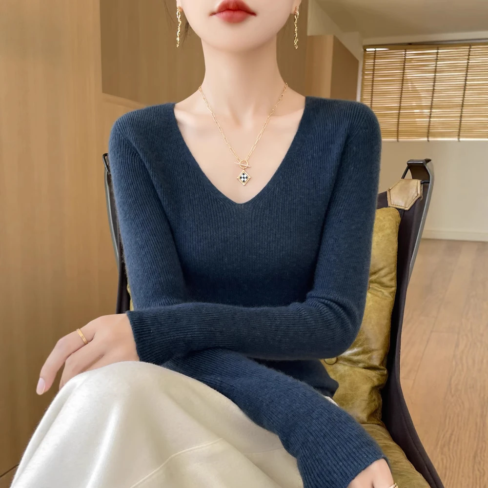 跨境毛衣女秋冬低领V领针织毛衣宽松针织打底衫安迪绒针织衫跨境