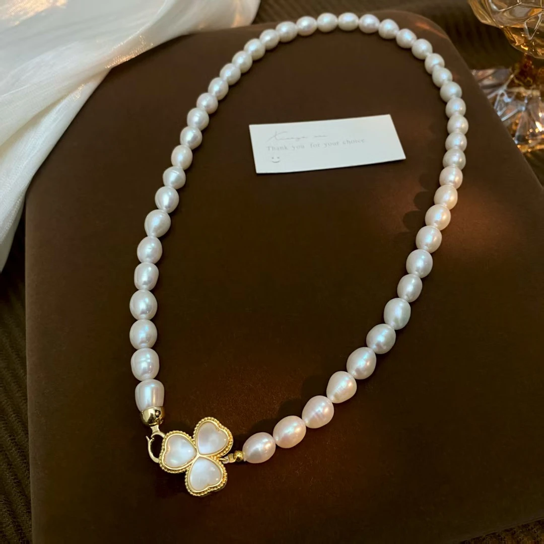 8-9mm大点位天然淡水珍珠三叶草项链女气质高级感时尚锁骨链颈链