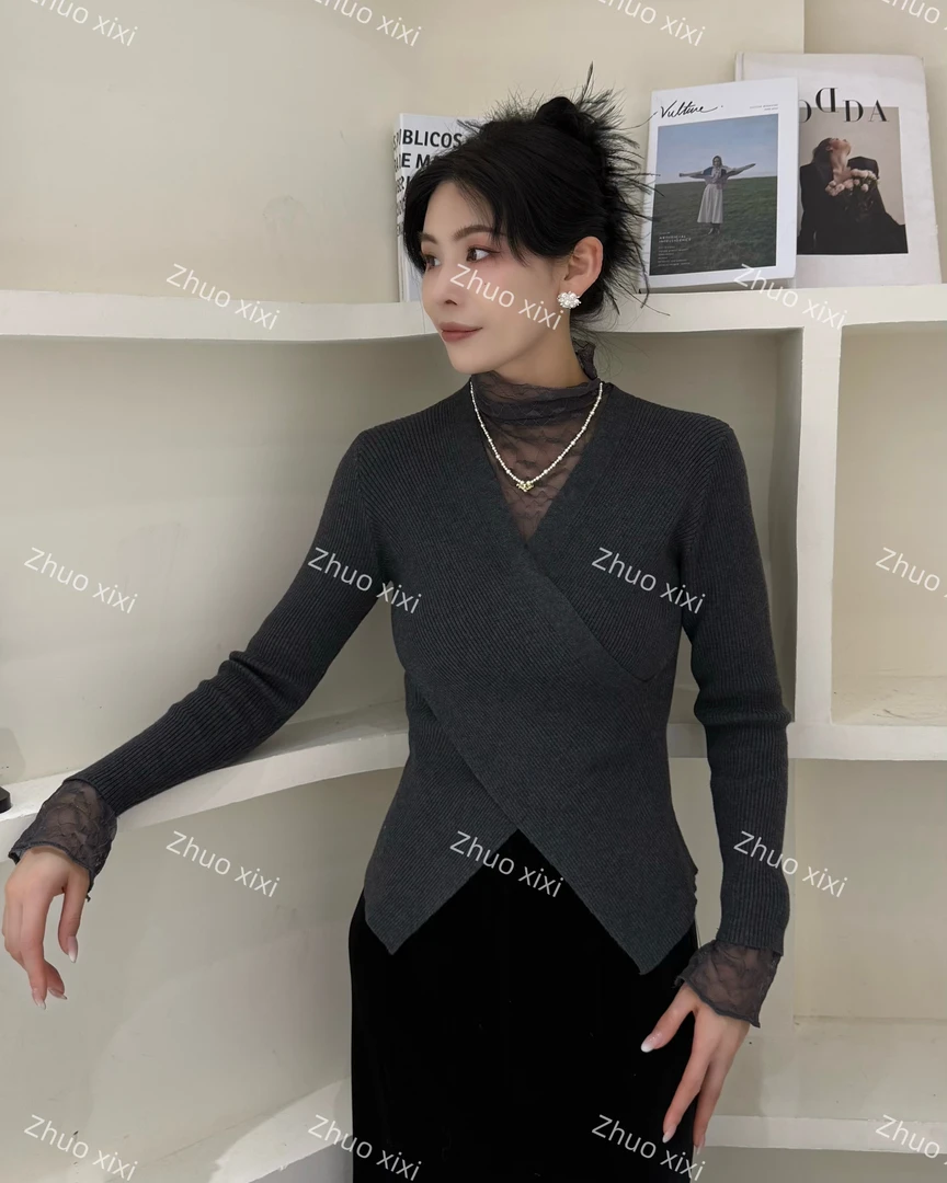 ZHUOXIXI【曦光】高端蕾丝款精致交叉设计感打底衫-1101