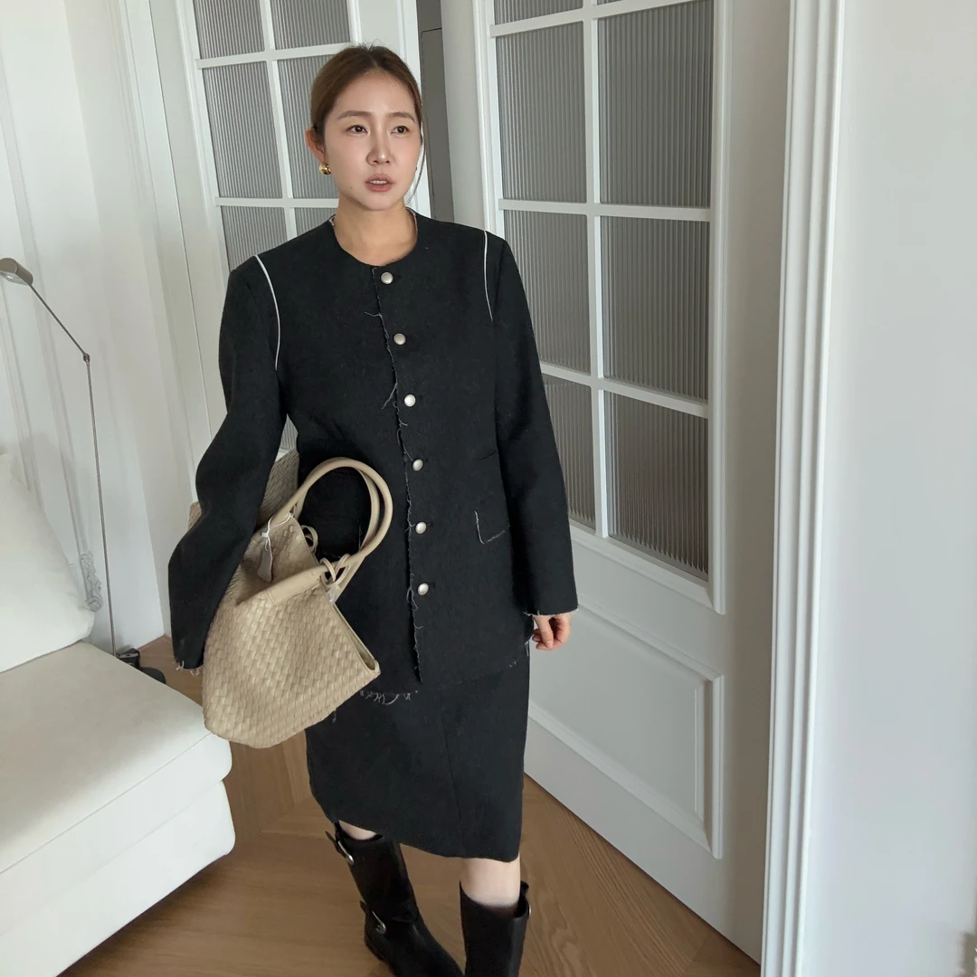 widelia秋季8135韩版宽松毛边西装外套+西装半裙套装