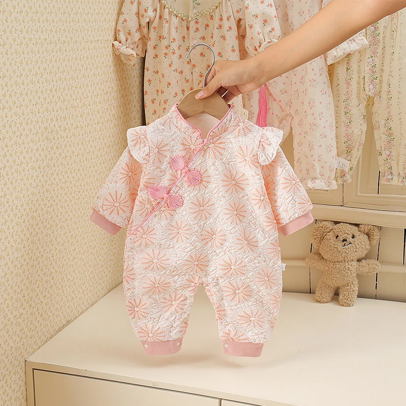 新款秋款双层花之语哈衣连体衣闭裆儿童女童公主婴儿宝宝长袖