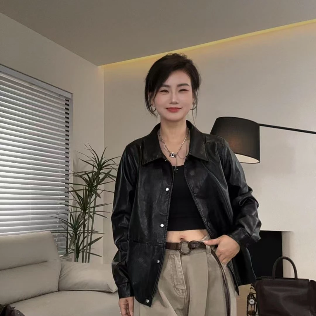 2025新款早秋女士皮衣通勤外套/翻领百搭/方领气质/宽松显瘦7702