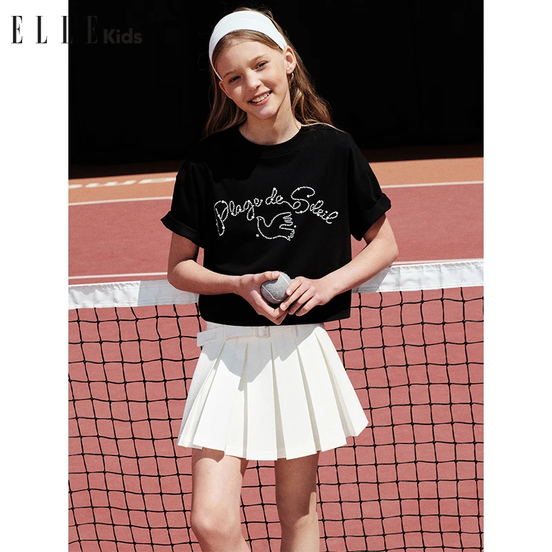ELLE KIDS撞色烫钻短袖T恤女童夏季新款宽松落肩短款休闲上衣X2