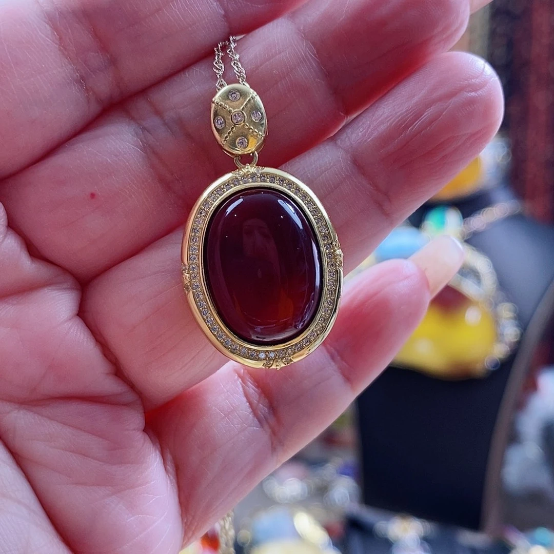 琥珀颈饰银S925镶嵌吊坠