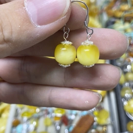 银S925镶嵌蜜蜡裸石耳钩