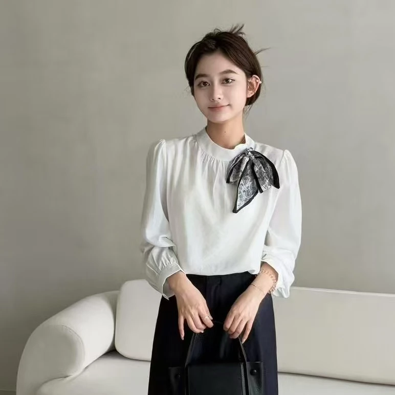 917/346 /153-6 韩系设计感小众配丝巾长袖衬衫女显瘦百搭