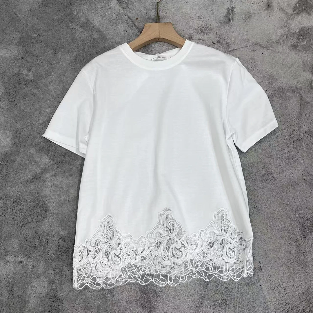 LA25夏女蕾丝下摆拼接设计T恤