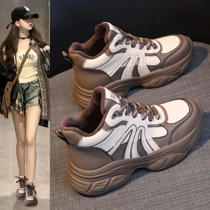 加绒老爹鞋女2025秋冬新款真皮厚底运动休闲女鞋爆款轻便防滑棉鞋