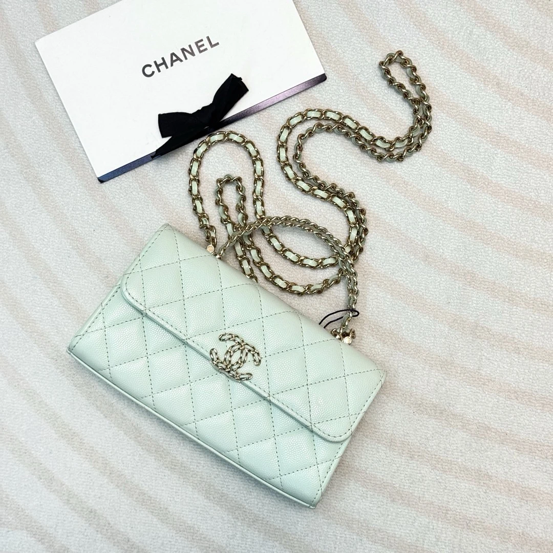 95新 Chanel/香奈儿 淡绿金 荔枝牛 25S交叉手柄kelly/639176516
