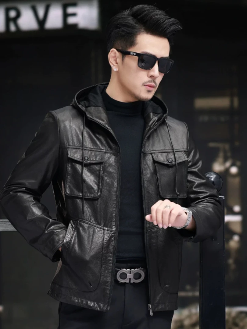 海宁皮夹克男装春秋款头层牛皮机车薄款连帽男士真皮皮衣外套休闲