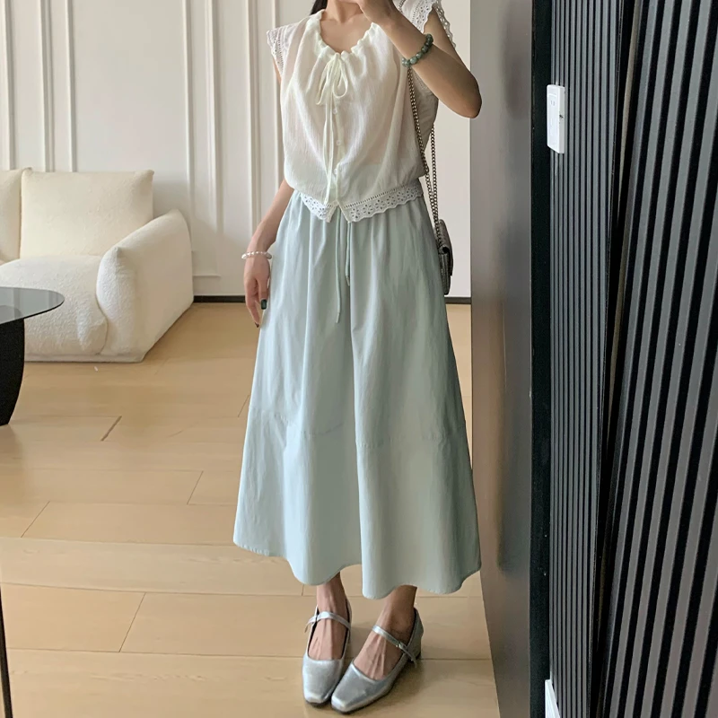 美式拼接垂感半身裙女2025夏季新款高腰系带速干百搭A字裙伞裙