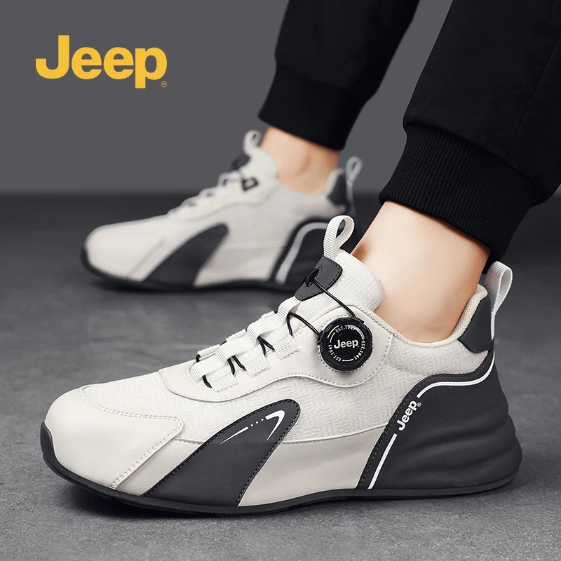 Jeep吉普男鞋2025秋季新款运动鞋旋转纽扣免系带网面透气休闲板鞋