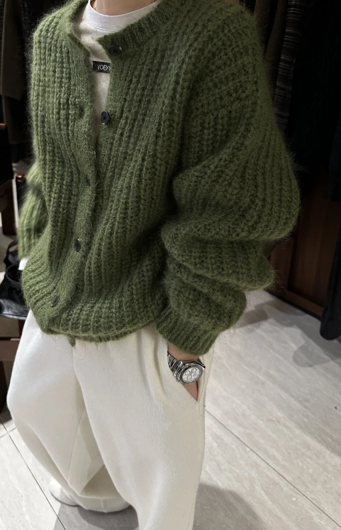 【马海毛两色开衫】高比例马海毛圆领毛衣开衫 J25MY866