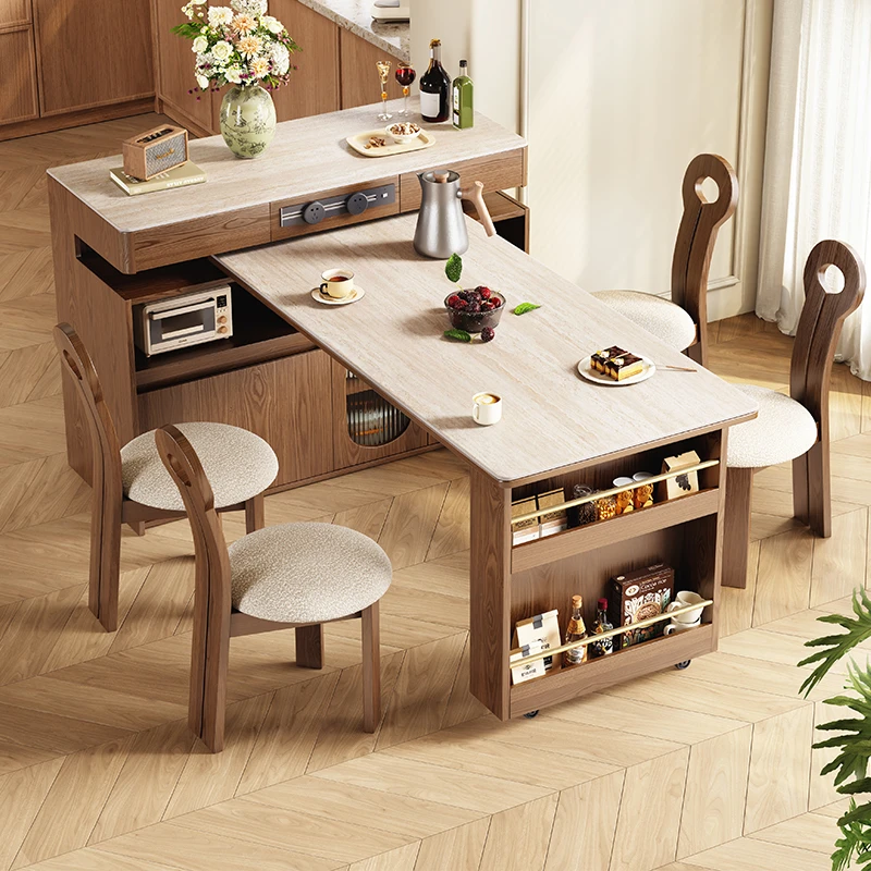 奢姿家具实木岛台伸缩餐桌一体家用中古风岩板旋转多功能吧台餐桌