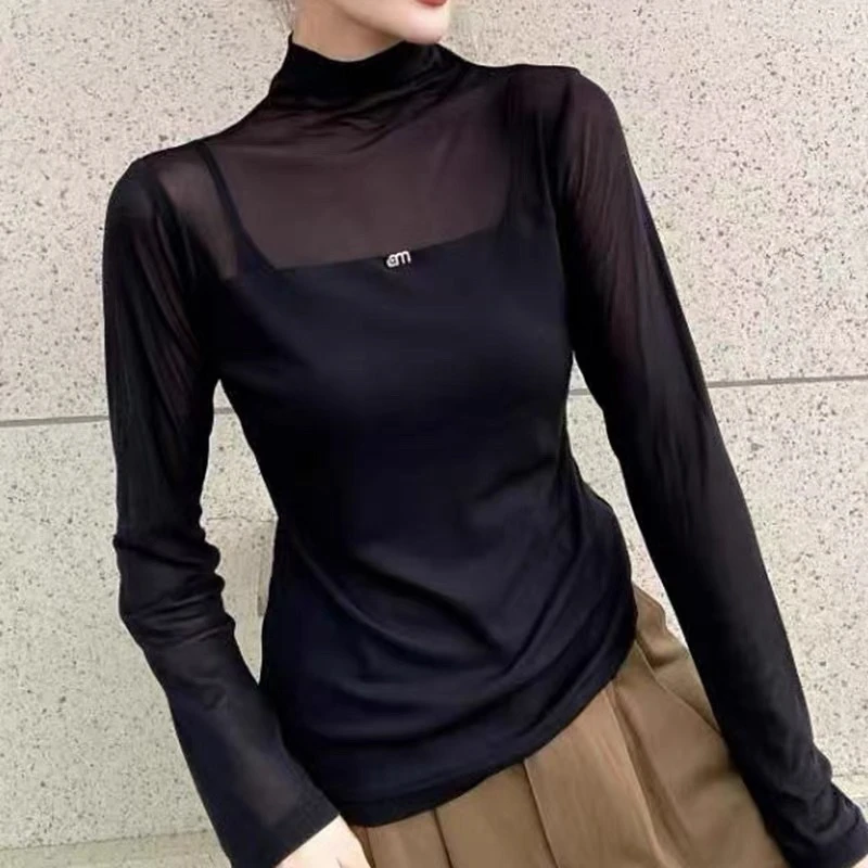 【梅梅家】高端网纱半高领打底衫薄款上衣女秋性感T恤速