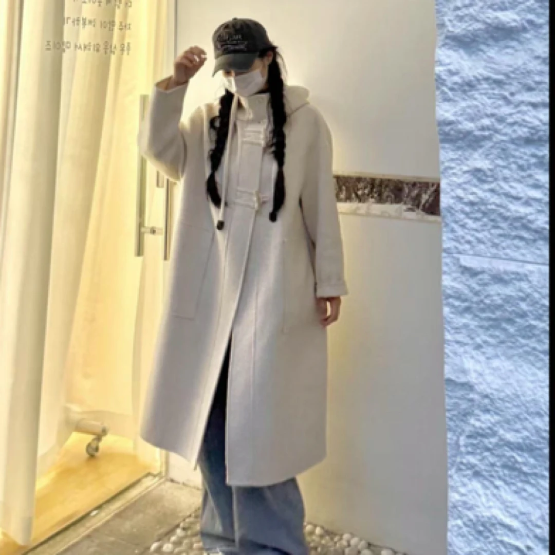 言言清货——连帽减龄中长款双面羊毛大衣女牛角扣加厚秋冬显瘦外套