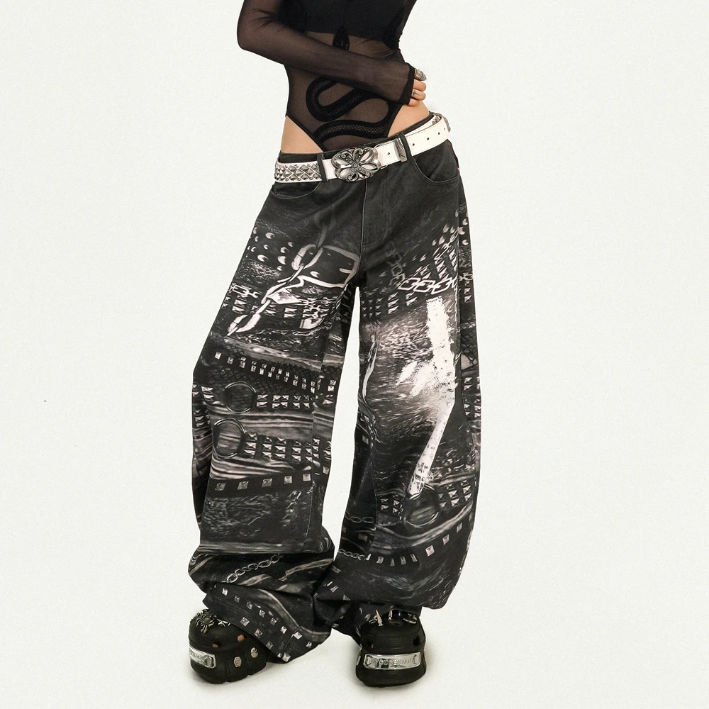 NicoMolly【现货】原创朋克印花无性别牛仔裤宽松直筒阔腿裤NKZ04